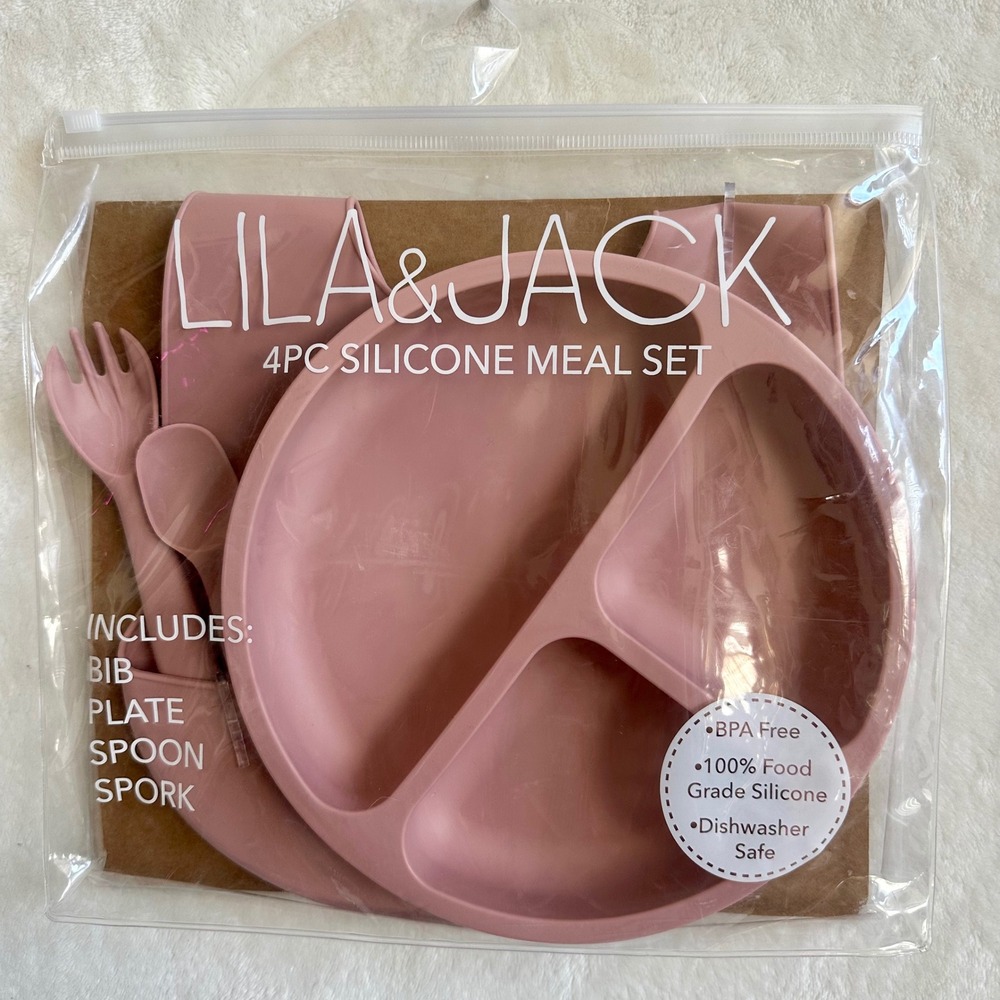 Lila & Jack NWT 4Pc Silicone Baby Meal Set Bib Plate Spoon Spork Pink
